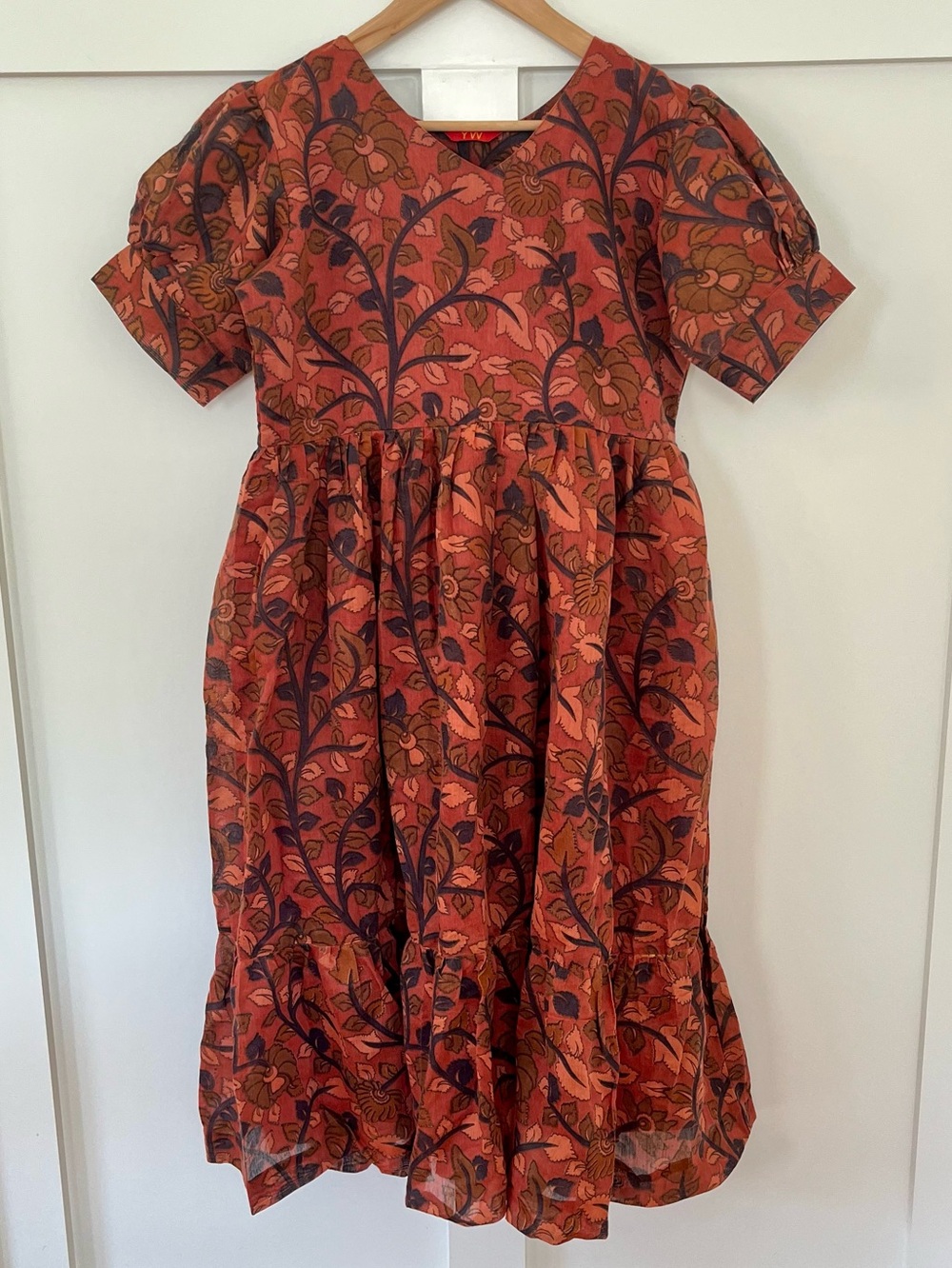 YW hand block print cotton floral midi summer dress rust v-neck L boho